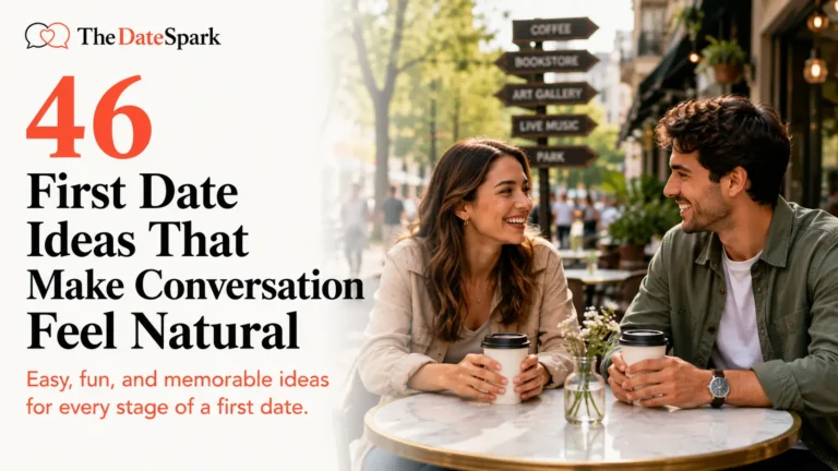Editorial cover image of two people enjoying coffee on a relaxed first date for an article about 46 first date ideas that make conversation feel natural.