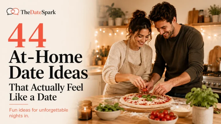 Editorial featured image of a couple making homemade pizza together during an at-home date night for an article about at-home date ideas.
