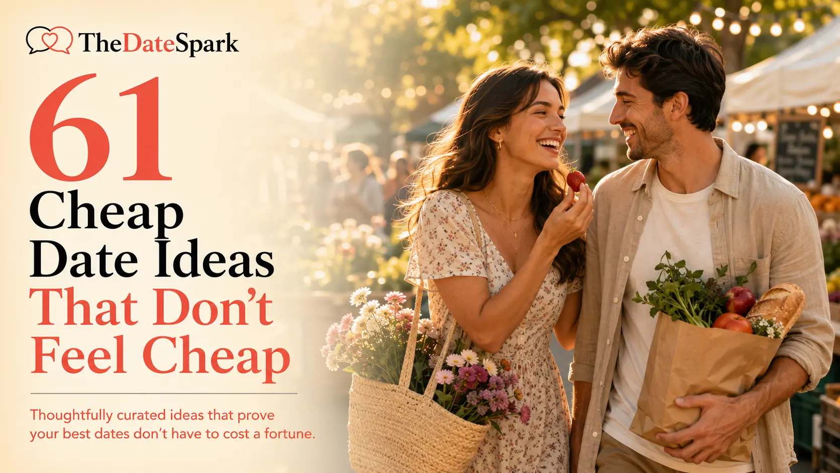 Editorial feature image showcasing 61 cheap date ideas that don't feel cheap, featuring a couple enjoying a golden-hour farmers market date while carrying fresh flowers, produce, and baked goods.