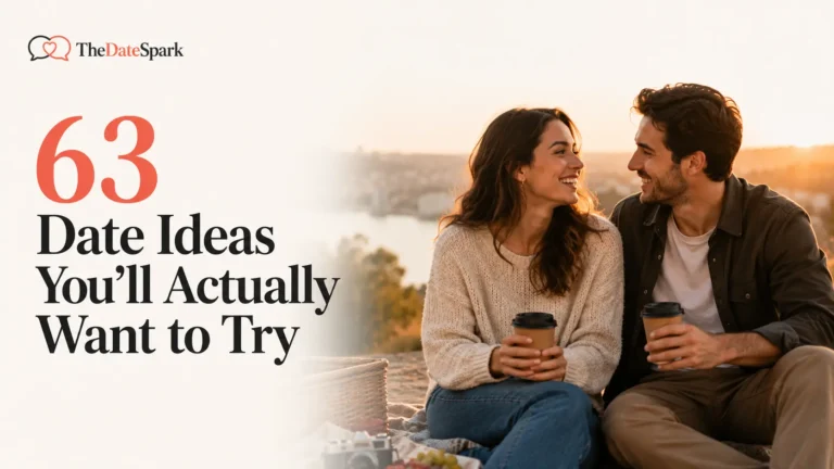 Editorial cover image of a happy couple enjoying coffee together during a sunset date for an article about 65 date ideas.