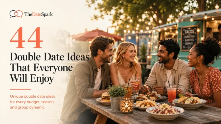 Editorial feature image showcasing 44 double date ideas, featuring two couples enjoying food and drinks together during a warm outdoor evening at a food truck plaza.