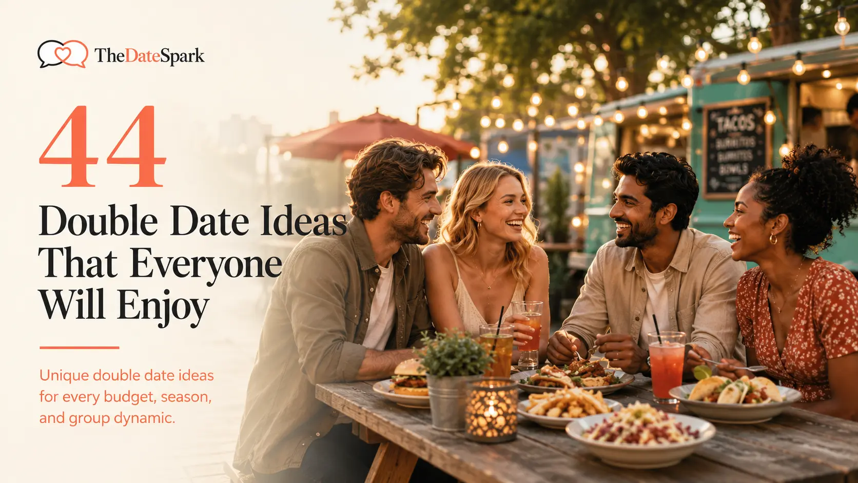 Editorial feature image showcasing 44 double date ideas, featuring two couples enjoying food and drinks together during a warm outdoor evening at a food truck plaza.
