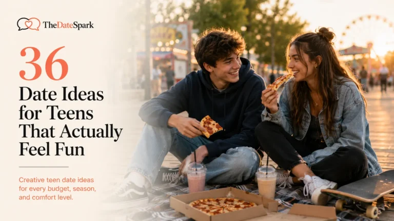 Editorial feature image showcasing 36 date ideas for teens, featuring a teenage couple sharing pizza and drinks together during a fun golden-hour outing with a skateboard nearby.
