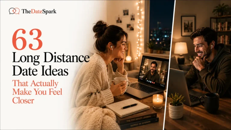 Editorial cover image of a couple connecting through a video call from different homes for an article about long distance date ideas.