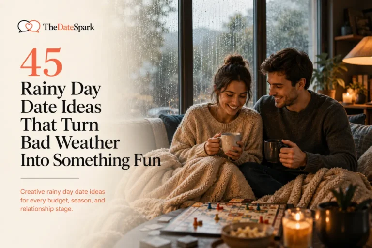 Editorial feature image showcasing 45 rainy day date ideas, featuring a couple enjoying hot drinks and a board game together beside a rain-covered window in a cozy indoor setting.
